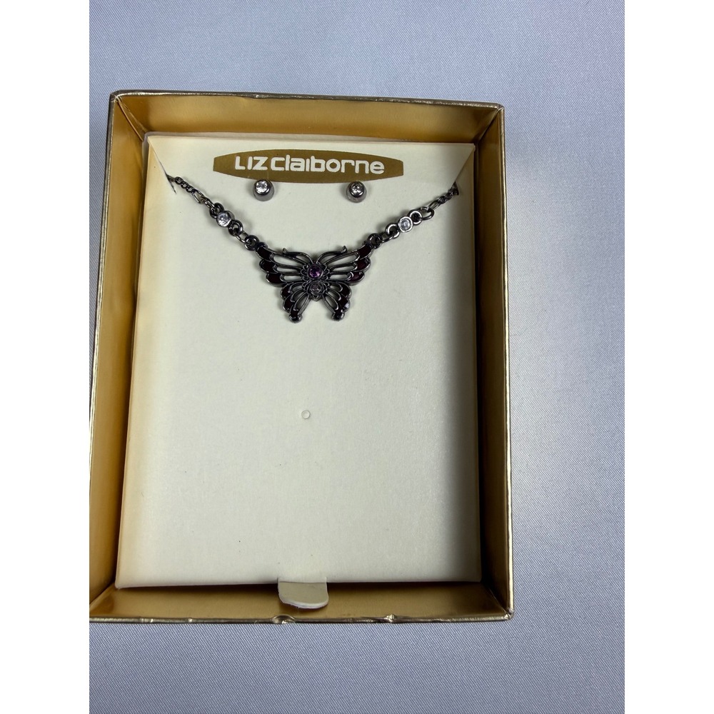 Vintage Liz Claiborne Butterfly Necklace and Earring Set Purple Enamel Crystal